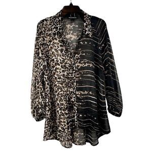 Ronnie Salloway Animal Print Stripes Sheer Long Sleeve Blouse Large